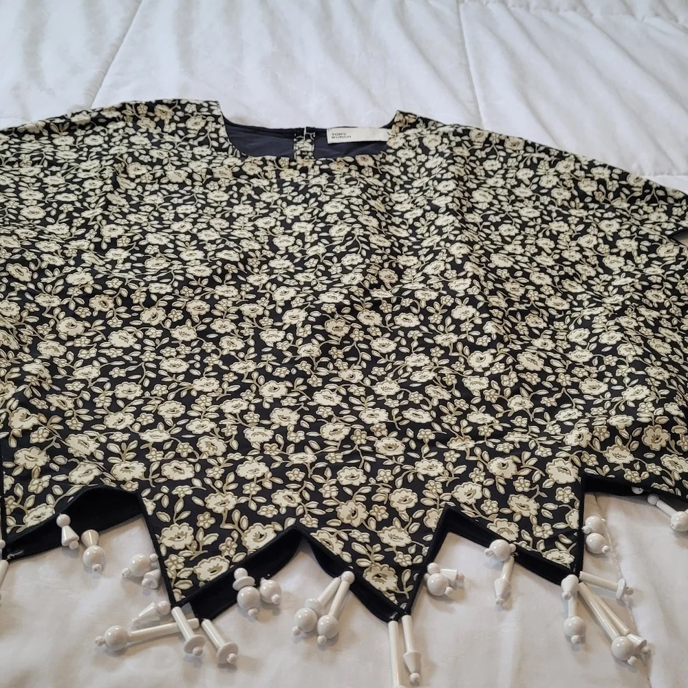 Tory Burch Black and Cream Floral Beaded Hem Blouse - Picture 4 of 6